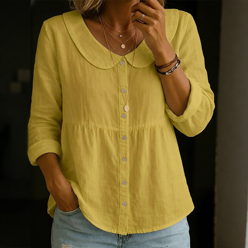 Cardydony Women's Solid Color Cotton Linen Button-up Top