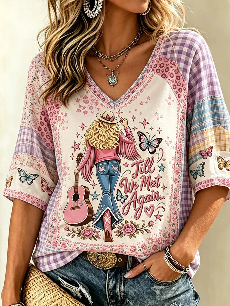 Cardydony Vintage Till We Meet Again Pink Casual Printed Mid-length Sleeves V-neck T-shirt