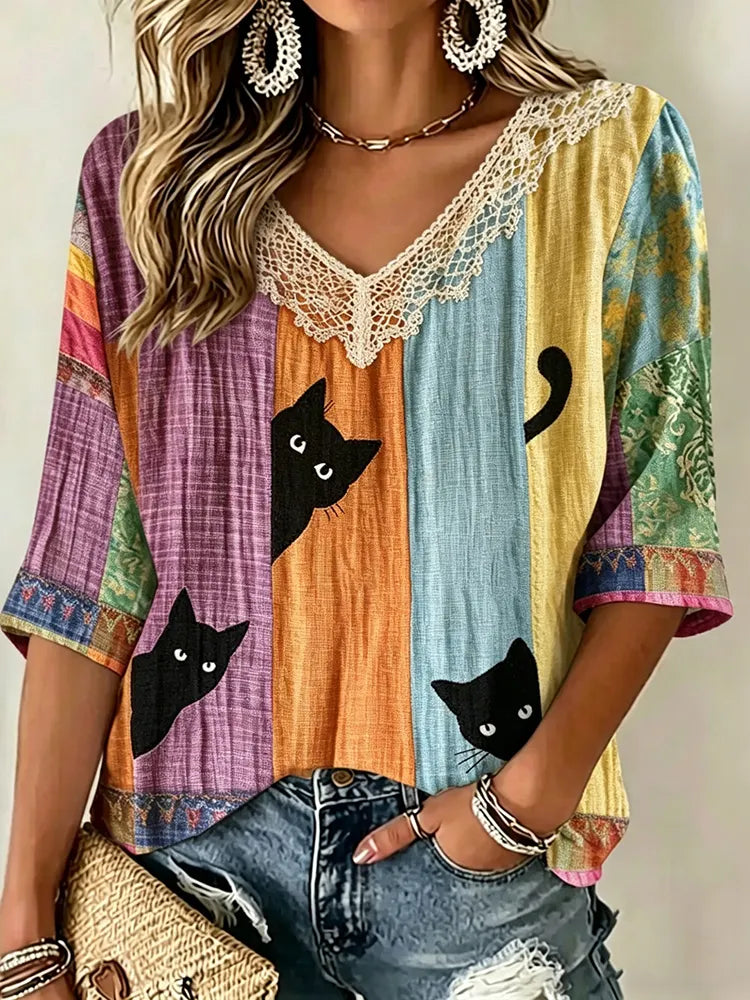 Cardydony Women's Vintage Hippie Cute Black Cat Art Print Embroidered Art Flowy Linen Blend Three Quarter Sleeves T-shirt