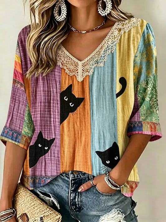 Cardydony Women's Vintage Hippie Cute Black Cat Art Print Embroidered Art Flowy Linen Blend Three Quarter Sleeves T-shirt