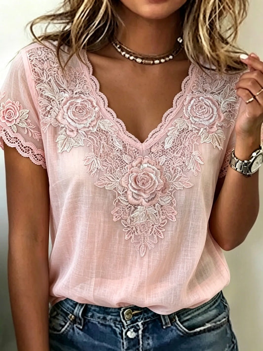 CardydonyWomen's Retro Bohemian Style Rose Embroidery Print Short-sleeve Top