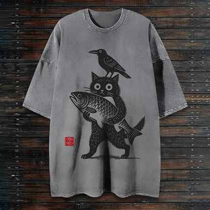 Cardydony Men's Cat Holding Fish Japanese Art Print T-shirt
