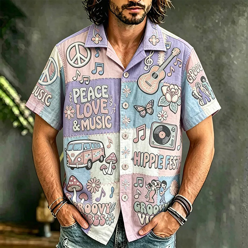 Cardydony Men's Hippie Style Peace Love Music Patchwork Art Print Casual Shirt