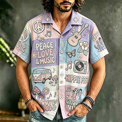 Cardydony Men's Hippie Style Peace Love Music Patchwork Art Print Casual Shirt