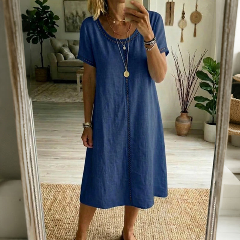 Cardydony Women's Solid Color Round Neck Short Sleeve Linen Blend Midi Dress