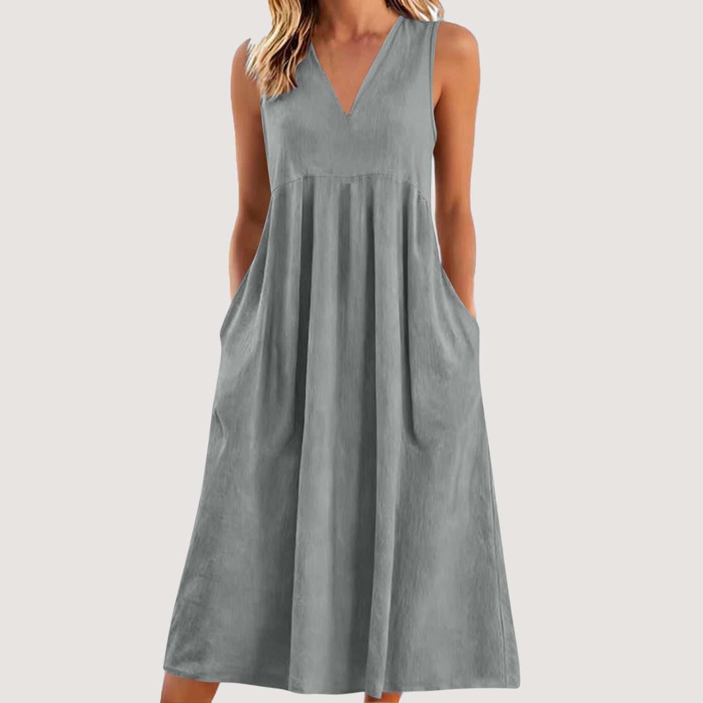 Cardydony Women's Solid Color V-neck Sleeveless Linen Blend Midi Dress