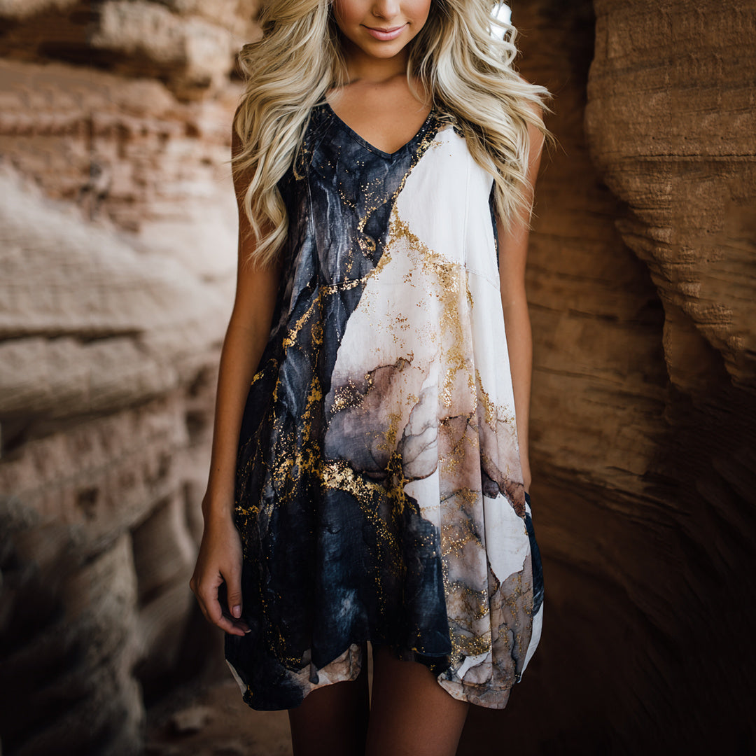 Cardydony Vintage Marble Pattern Art Pattern Linen Blend Vest Dress