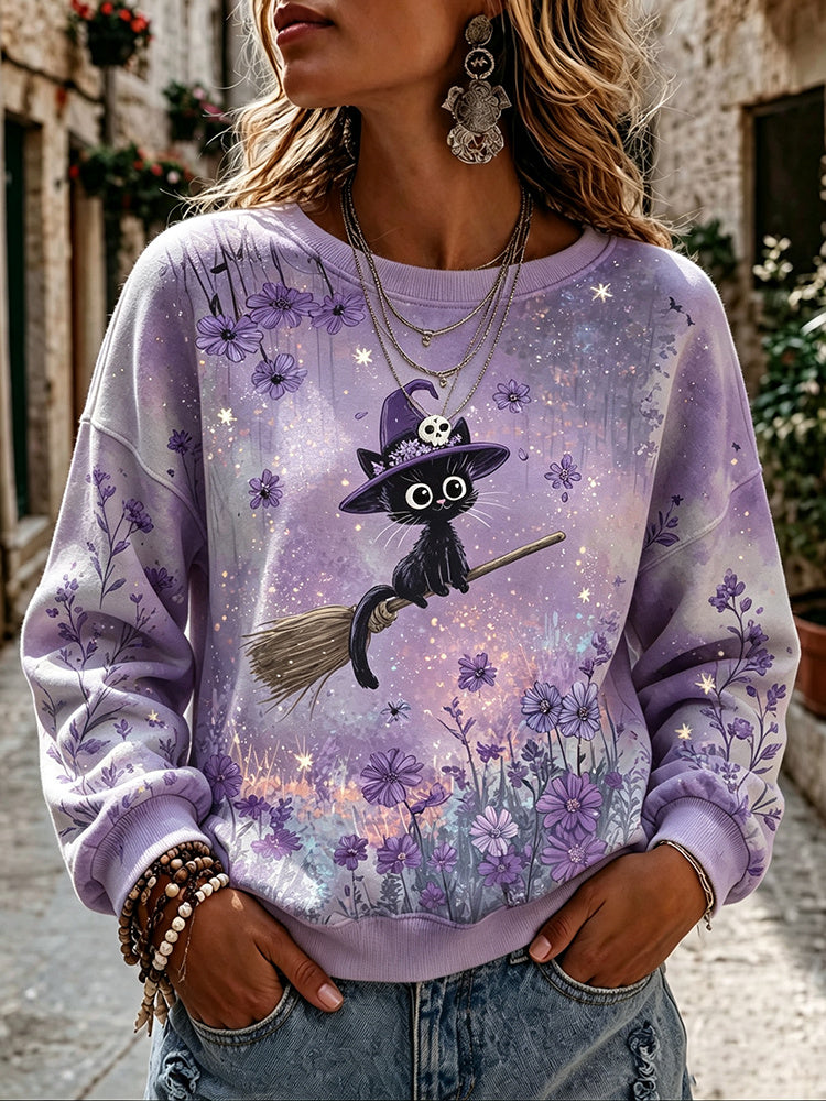 Cardydony Women's Retro Floral Black Cat Witch Design Crew Neck Sweatshirt