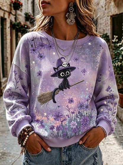 Cardydony Women's Retro Floral Black Cat Witch Design Crew Neck Sweatshirt