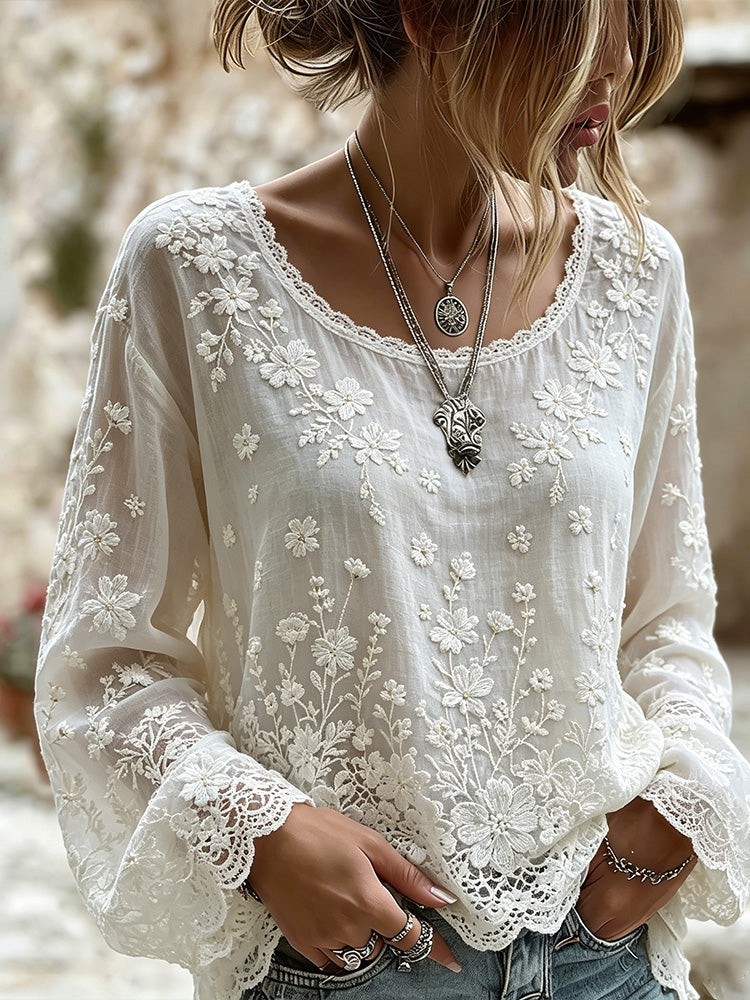 Cardydony Vintage White Floral Embroidered Artistic Cotton And Linen Comfortable Top