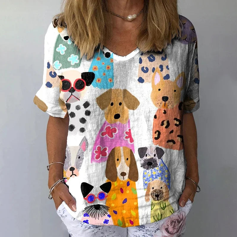 Cardydony Women's Colorful Puppy Casual Linen T-shirt