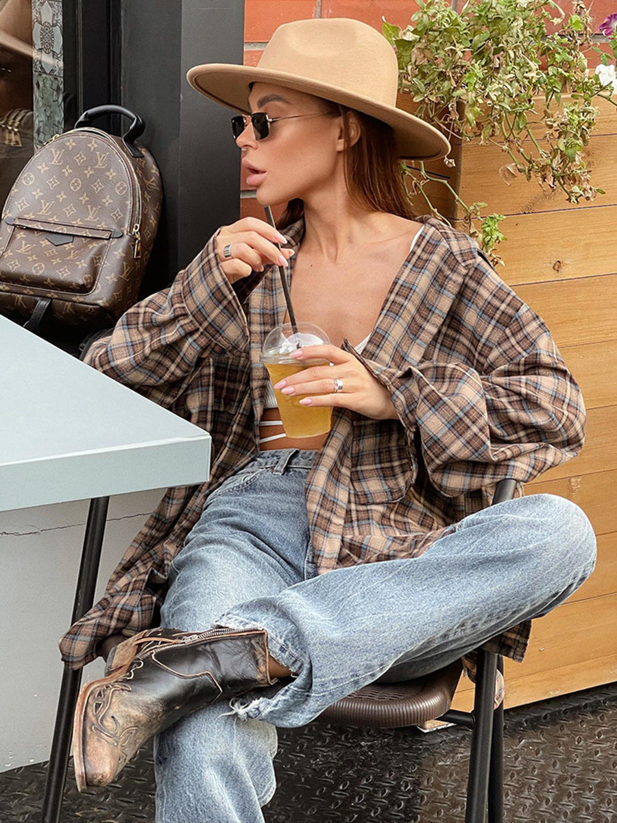Cardydony Women's Retro Plaid Button-Up Shirt with Relaxed Fit