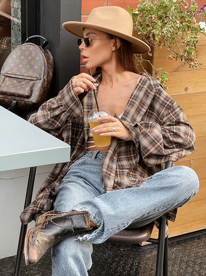 Cardydony Women's Retro Plaid Button-Up Shirt with Relaxed Fit