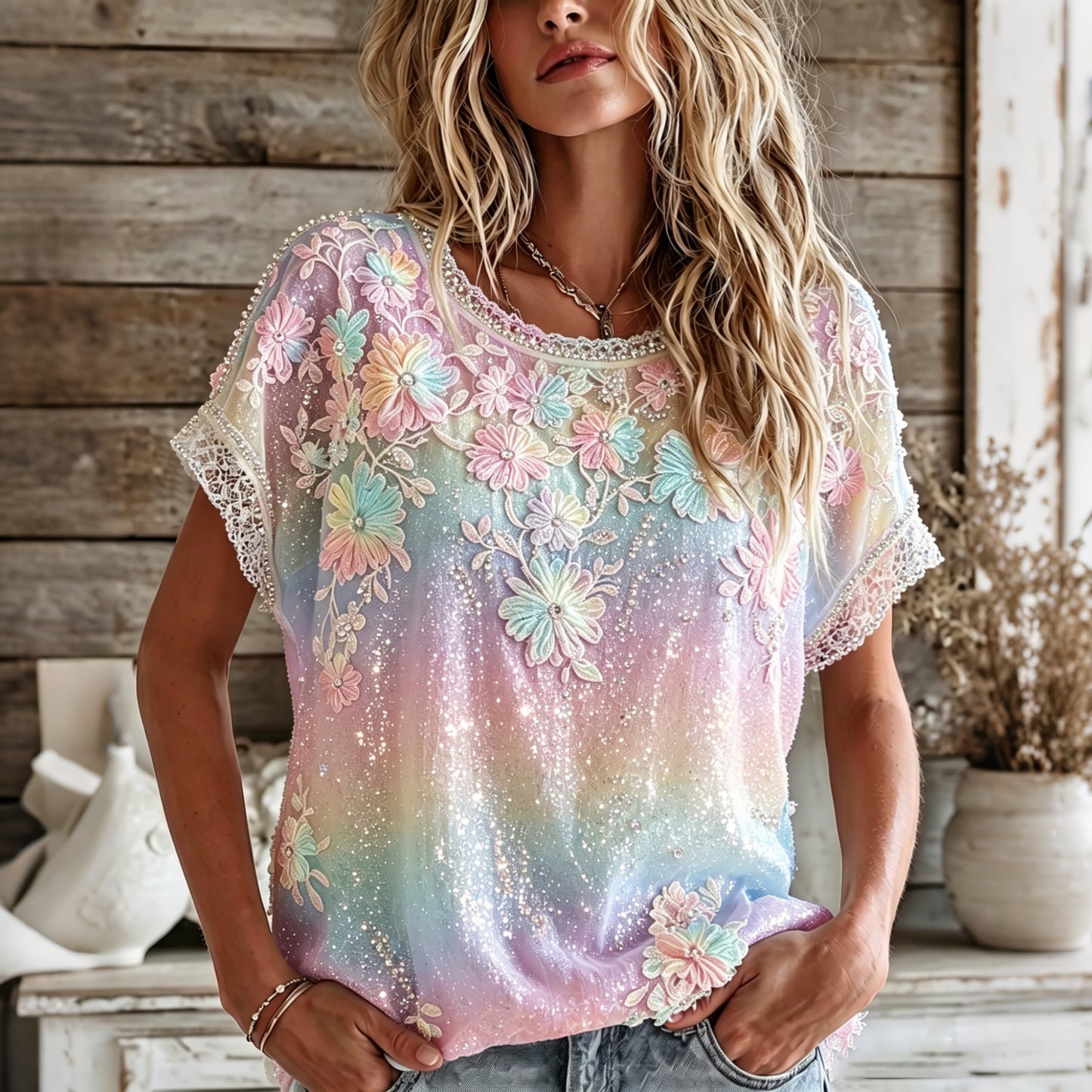 Cardydony Women's Summer Floral In Macarons Colorful Art Linen Blend Short Sleeve Tops