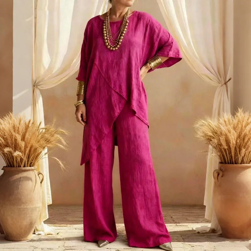 Cardydony Women's Comfy Linen Blend Flowy Double Layer Design Top And Pants Two-piece Set