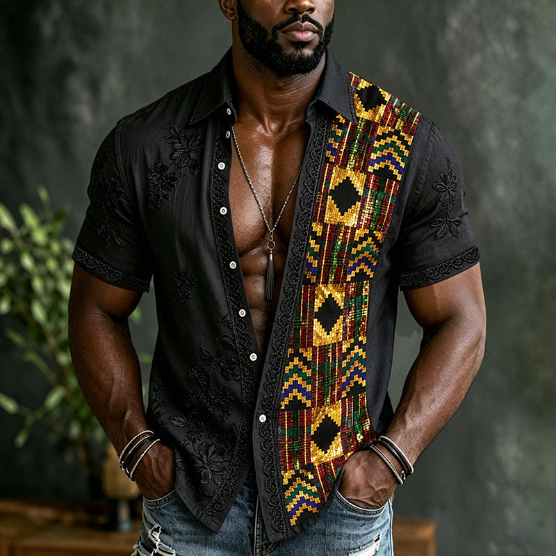 Cardydony Men's Retro Reggae Ethnic Graphics Patchwork Art Casual Linen Short Sleeves Shirt