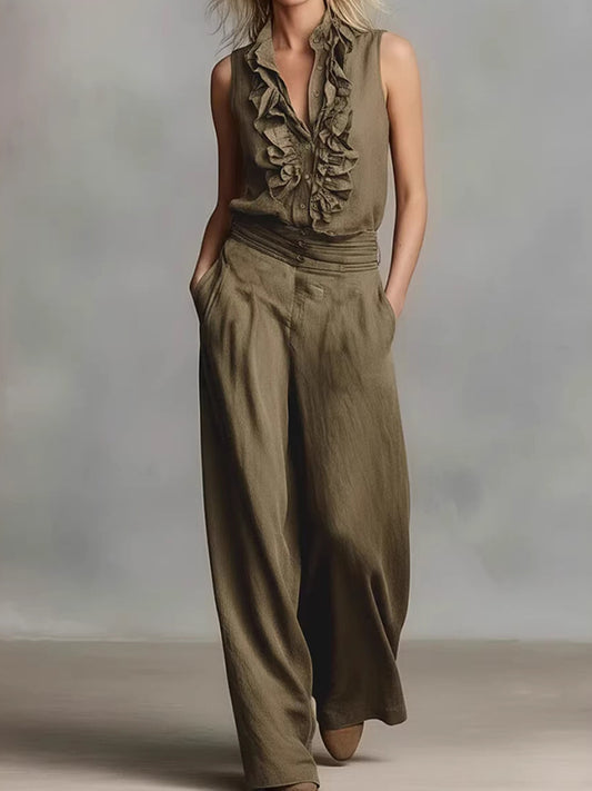 Cardydony Simple Linen Blend Sleeveless Shirt And Wide-leg Pants Set
