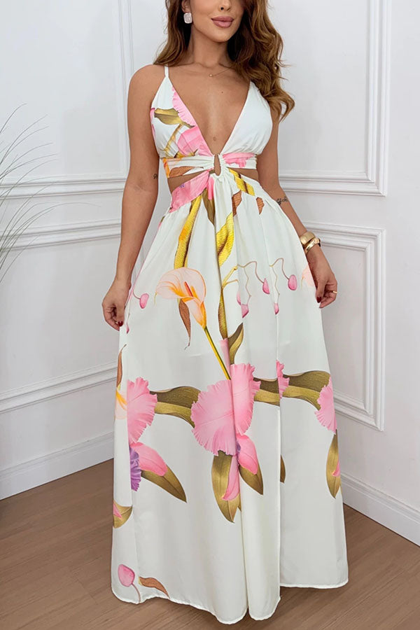 Cardydony Women's Seinah Floral Print Cutout Waist Open Back Lace-up Slit Maxi Dress