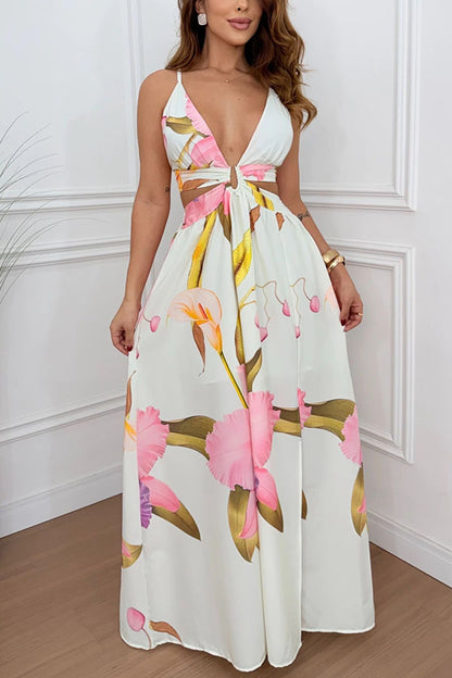 Cardydony Women's Seinah Floral Print Cutout Waist Open Back Lace-up Slit Maxi Dress
