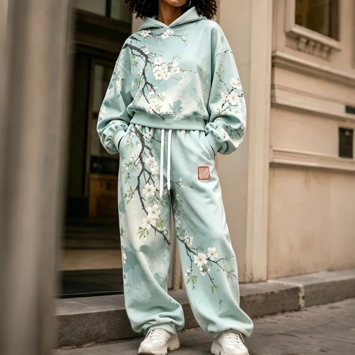 Cardydony Women's Japanese Floral Art Print Hoodie Two Piece Set