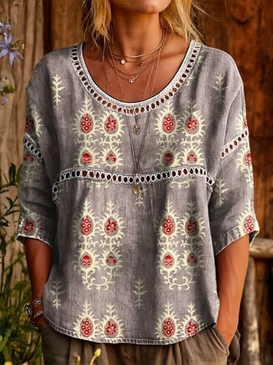 Cardydony Women's Retro Floral Art Pattern Cotton Linen Casual Round Neck T-shirt