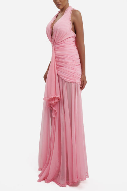 Cardydony Women's Elegant V-neck Sleeveless Pleated Ribbon Mesh Hem Maxi Dress