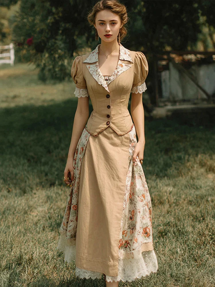 Cardydony French Country Style Patchwork Design Linen Suit