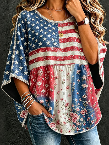 Cardydony Women's Vintage Independent Day Butterfly Art Print Flowy Linen Blend Three-quarter Sleeve Round Neck Linen Tops