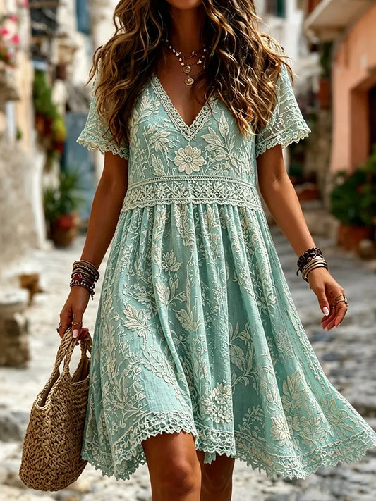 Cardydony Women's Retro Floral Art Print Casual Linen Blend Midi Dress