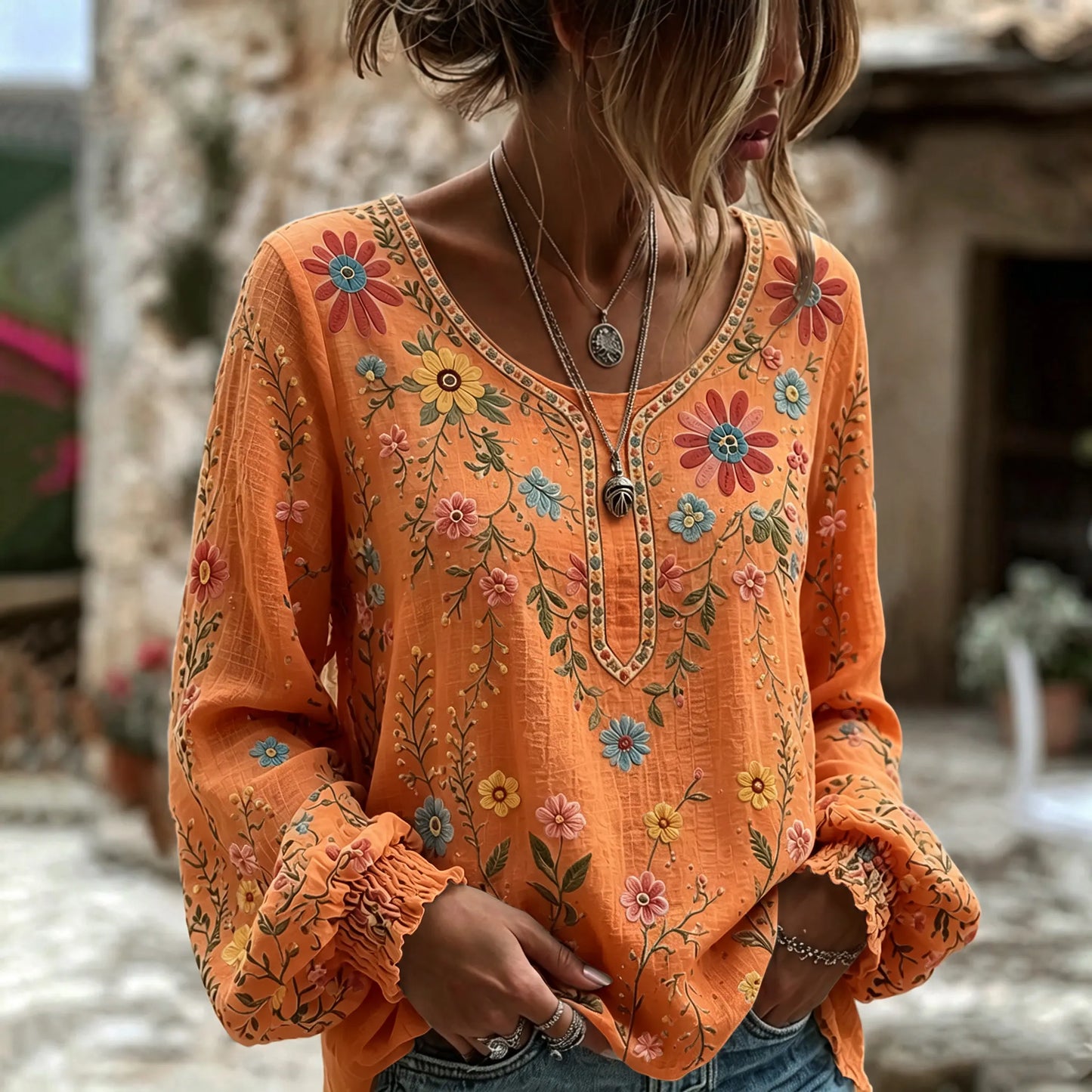 Cardydony Women's Vintage Floral Art Print Flowy Linen Blend Linen Blend Long Sleeve Casual Tops