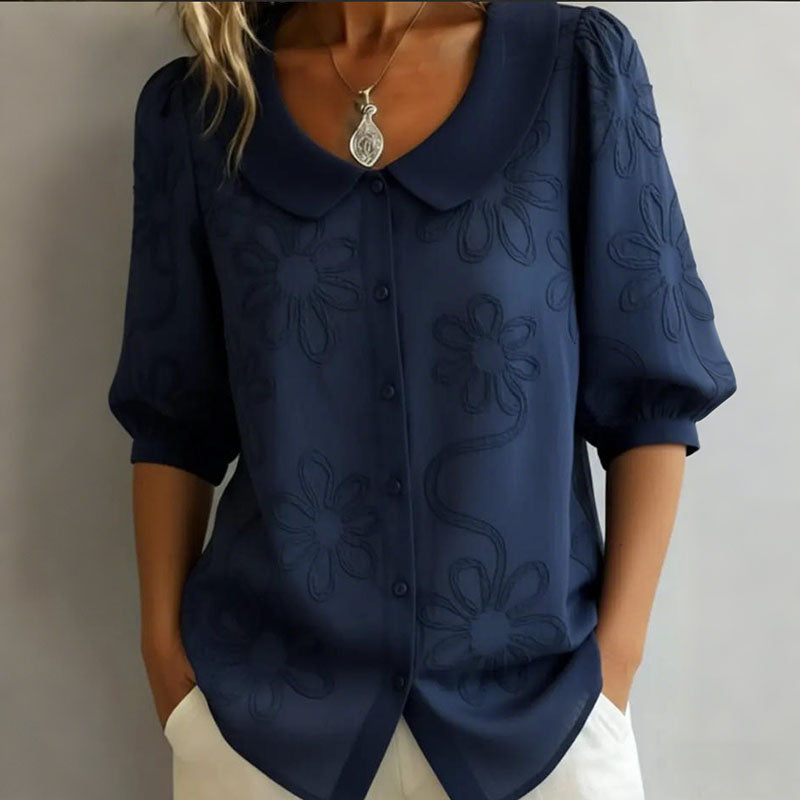 Cardydony Loose Vintage Button Embroidered Floral Mid-sleeve Shirt
