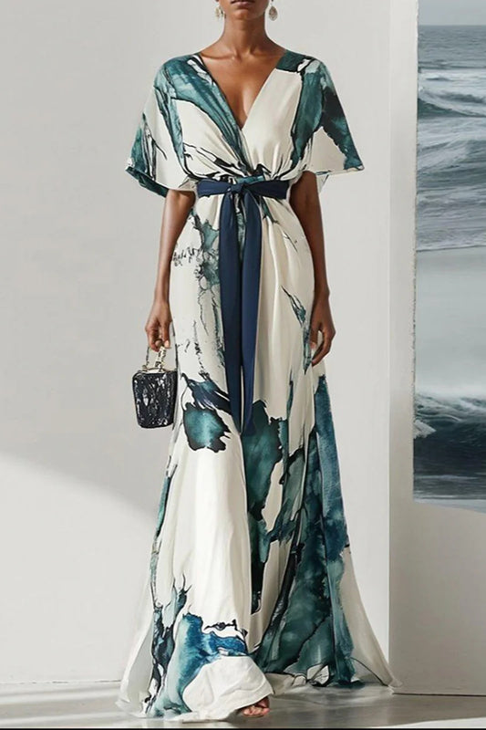 Cardydony Women's Unique Printed V-neck Short-sleeved Waist-tied Maxi Dress