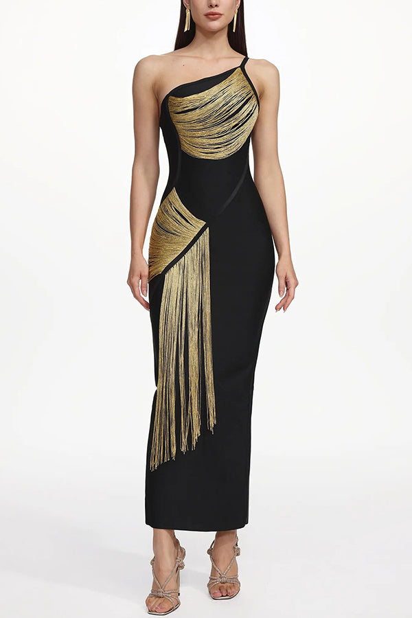 Cardydony Women's Roanna One Shoulder Sleeveless Glossy Tassels Bandage Maxi Dres
