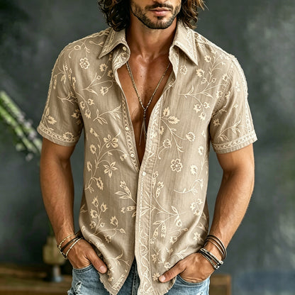 Cardydony Men's Spring Summer Floral Embroidered Art Print Flowy Linen Blend Short Sleeve Shirt
