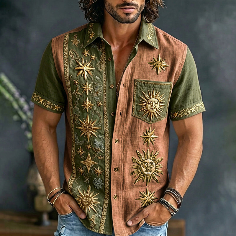 Cardydony Men's Retro Sun And Star Printed Short Sleeve Shirt