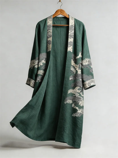 Cardydony Japanese Pine Trees Lino Art Flowy Long Linen Kimono