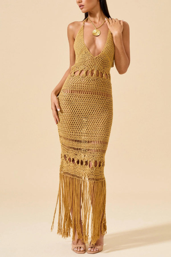 Cardydony Women's Fashionable Open-knit Backless Elegant Tassel Hem Vacation Cover-up Maxi Dress