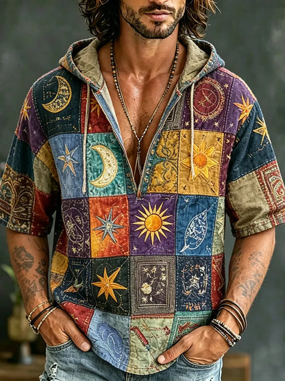 Cardydony Retro Casual Sun And Moon Print Patchwork Hooded T-shirt