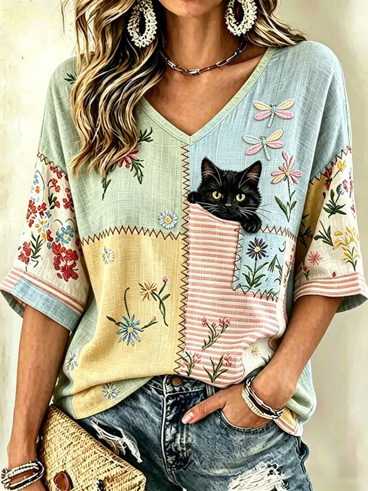 Cardydony Women's Vintage Hippie Cute Black Cat And Dragonfly Art Print Embroidered Art Flowy Linen Blend Three Quarter Sleeves T-shirt