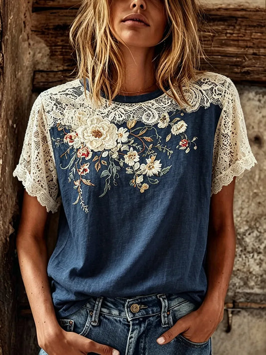Cardydony Women's Retro Floral Lace Design Cotton Linen T-shirt