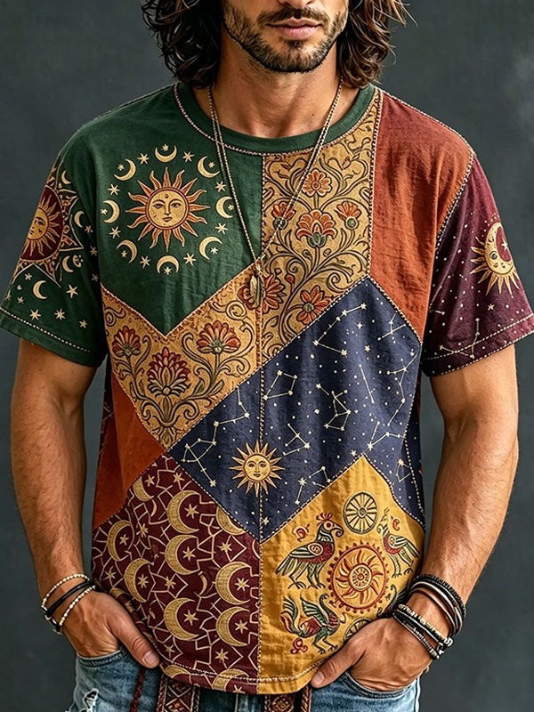 Cardydony Men's Hippie Sun Moon Geometric Patchwork Print Short Sleeve T-shirt