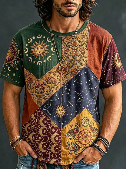Cardydony Men's Hippie Sun Moon Geometric Patchwork Print Short Sleeve T-shirt