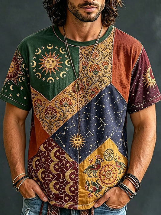 Cardydony Men's Hippie Sun Moon Geometric Patchwork Print Short Sleeve T-shirt
