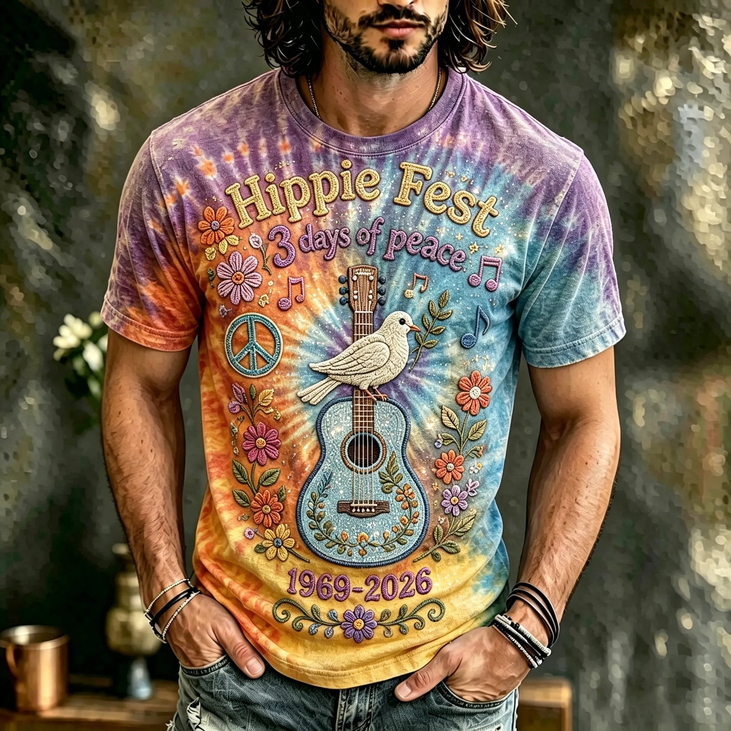 Cardydony Men's Vintage 60s Tie Dye Music Art Retro Hippie Crew Neck T-shirt