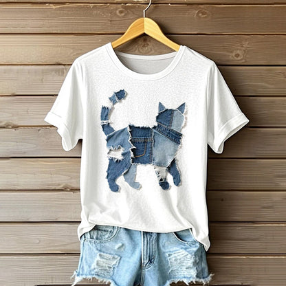 Cardydony Women's Cute Cat Denim Patchwork Art T-shirt