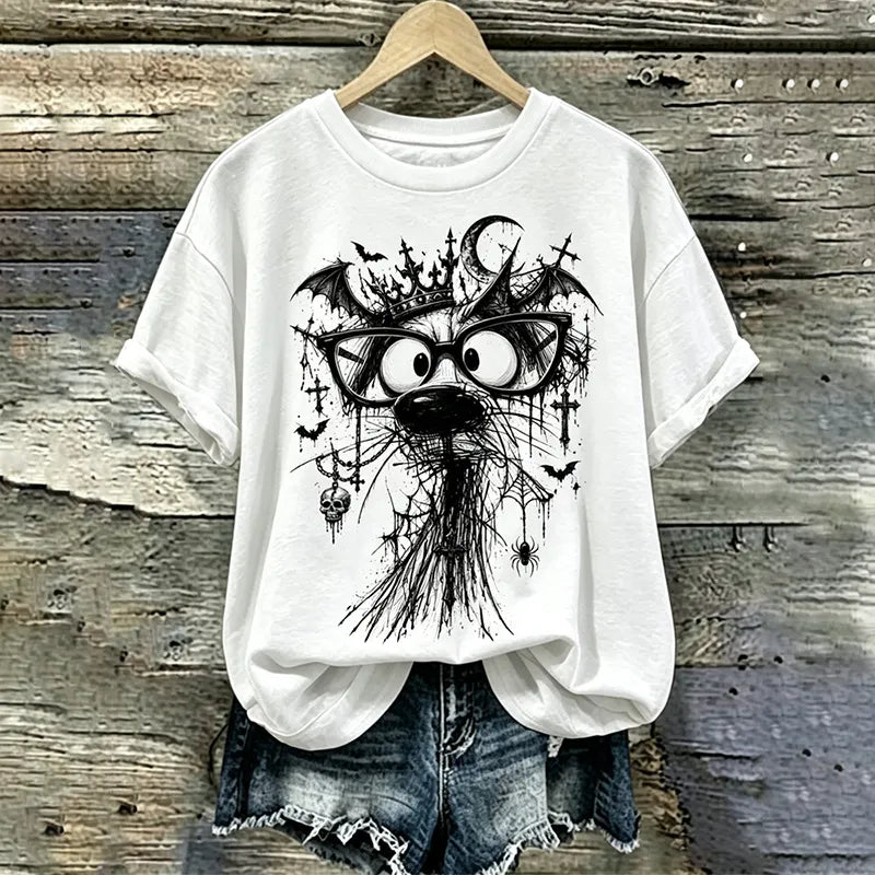 Cardydony Women's Halloween Short-sleeve Top With A Dog Wearing Glasses
