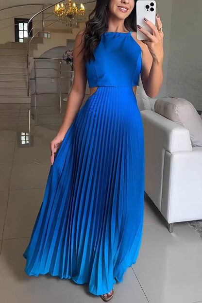 Cardydony Women's Fashionable Backless Tie Elegant Gradient Pleated Maxi Dress