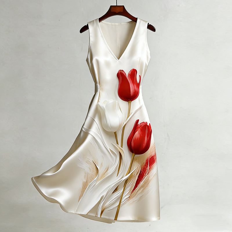 Cardydony Women's Retro Tulip Oil Painting-style Smooth Dress