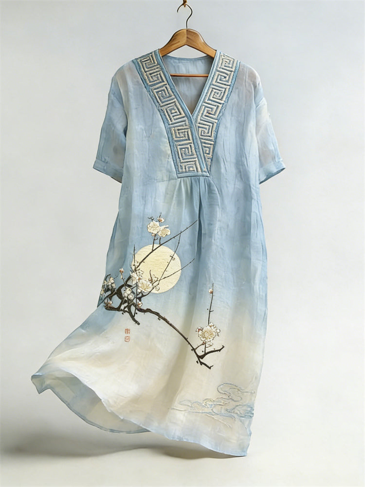 Cardydony Japanese Plum Blossom Moon Gradient Flowy Linen Maxi Dress