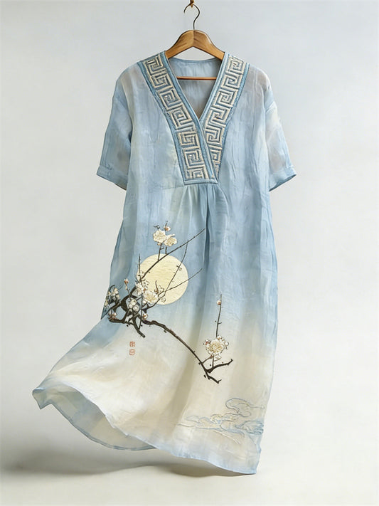 Cardydony Japanese Plum Blossom Moon Gradient Flowy Linen Maxi Dress